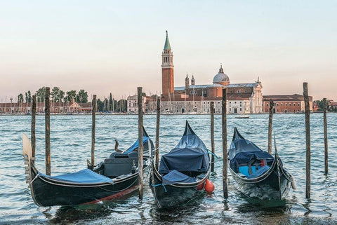 Italy-Venice Gondolas on the waterfront with San Giorgio Maggiore Church in the background Black Ornate Wood Framed Art Print with Double Matting by Tilley, Rob