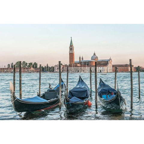 Italy-Venice Gondolas on the waterfront with San Giorgio Maggiore Church in the background Black Modern Wood Framed Art Print by Tilley, Rob