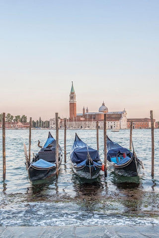 Italy-Venice Gondolas on the waterfront with San Giorgio Maggiore Church in the background White Modern Wood Framed Art Print with Double Matting by Tilley, Rob