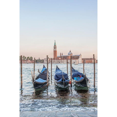 Italy-Venice Gondolas on the waterfront with San Giorgio Maggiore Church in the background Black Modern Wood Framed Art Print by Tilley, Rob