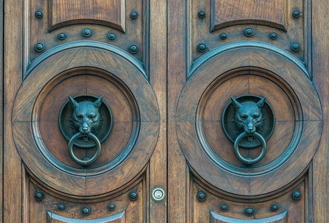 Italy-Verona Door Knockers Black Ornate Wood Framed Art Print with Double Matting by Tilley, Rob