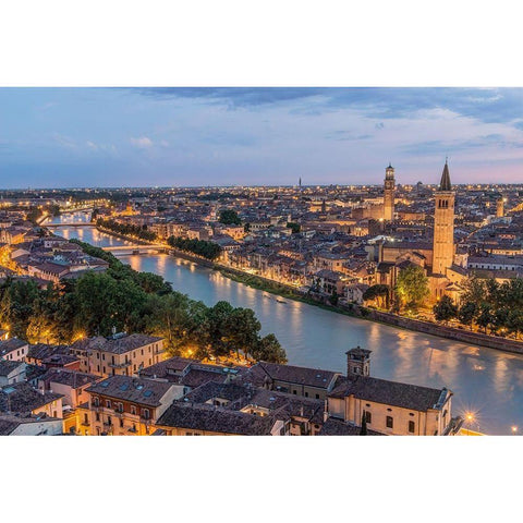 Italy-Verona Looking Down From Castello San Pietro at Twilight Black Modern Wood Framed Art Print by Tilley, Rob