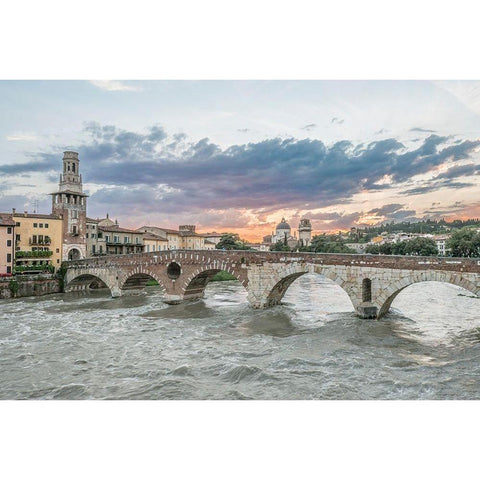 Italy-Verona Ponte Pietra (Roman Bridge) at Sunset Black Modern Wood Framed Art Print by Tilley, Rob
