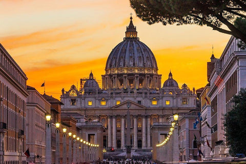Orange sunset illuminated street lights-Via Della Conciliazione-Saint Peters Basilica-Vatican Black Ornate Wood Framed Art Print with Double Matting by Perry, William