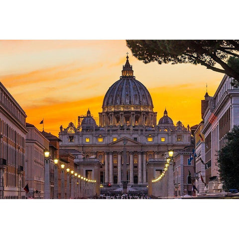 Orange sunset illuminated street lights-Via Della Conciliazione-Saint Peters Basilica-Vatican Black Modern Wood Framed Art Print by Perry, William