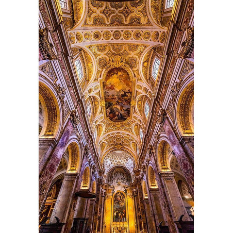 Tall Arches Nave Ceiling Frescos Saint Louis of French Basilica Church-Rome-Italy  Gold Ornate Wood Framed Art Print with Double Matting by Perry, William