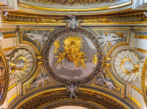 Golden Virgin Mary Angels Statues Ceiling Basilica Santa Maria in Traspontina Church-Rome Black Ornate Wood Framed Art Print with Double Matting by Perry, William