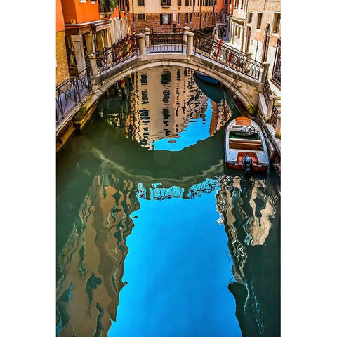 Colorful small canal and bridge creates beautiful reflections in Venice-Italy Gold Ornate Wood Framed Art Print with Double Matting by Perry, William