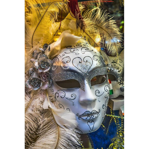 White Venetian mask feathers-Venice-Italy-Used since 1200s for Carnival-Also used for Mardi Gras Black Modern Wood Framed Art Print by Perry, William