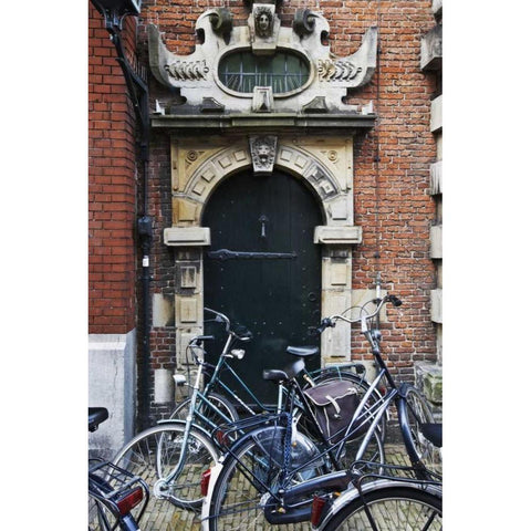 Netherlands, Amsterdam Bicycles by building door Gold Ornate Wood Framed Art Print with Double Matting by Flaherty, Dennis