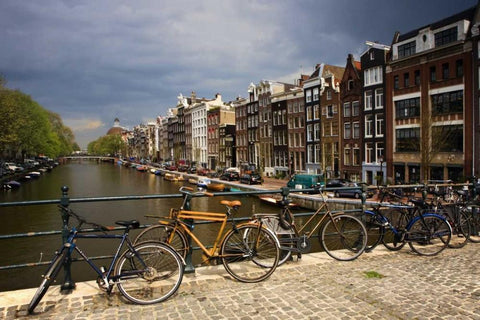 Netherlands, Amsterdam Canal from bridge Black Ornate Wood Framed Art Print with Double Matting by Flaherty, Dennis