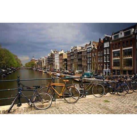 Netherlands, Amsterdam Canal from bridge White Modern Wood Framed Art Print by Flaherty, Dennis