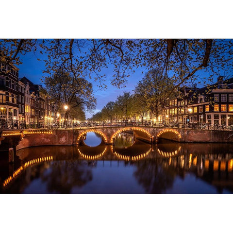 Europe-The Netherlands-Amsterdam-Canal scene at night Gold Ornate Wood Framed Art Print with Double Matting by Jaynes Gallery