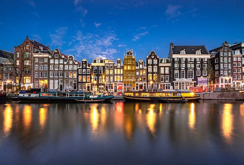 Europe-The Netherlands-Amsterdam-Canal scene at sunset White Modern Wood Framed Art Print with Double Matting by Jaynes Gallery