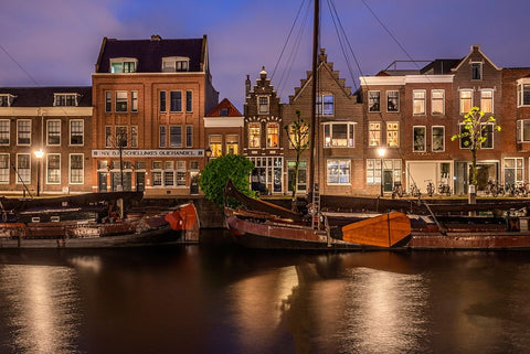 Europe-The Netherlands-Delfshaven-Sunset scene along canal Black Ornate Wood Framed Art Print with Double Matting by Jaynes Gallery