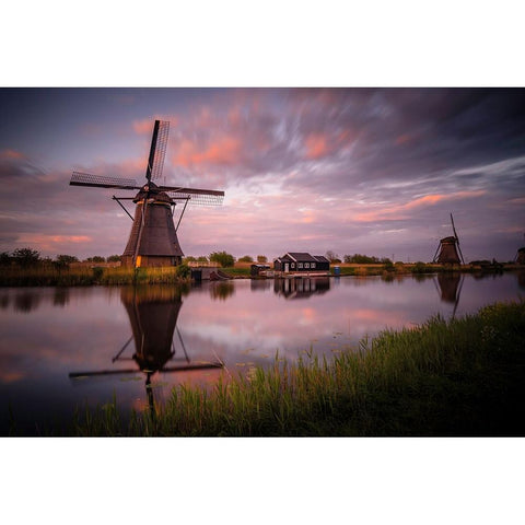 Europe-The Netherlands-Kinderdijk windmills at sunset Gold Ornate Wood Framed Art Print with Double Matting by Jaynes Gallery