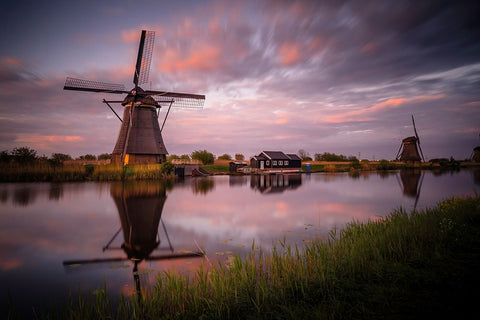 Europe-The Netherlands-Kinderdijk windmills at sunset White Modern Wood Framed Art Print with Double Matting by Jaynes Gallery