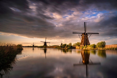 Europe-The Netherlands-Kinderdijk windmills at sunset White Modern Wood Framed Art Print with Double Matting by Jaynes Gallery