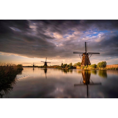 Europe-The Netherlands-Kinderdijk windmills at sunset Gold Ornate Wood Framed Art Print with Double Matting by Jaynes Gallery