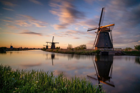 Europe-The Netherlands-Kinderdijk windmills at sunset White Modern Wood Framed Art Print with Double Matting by Jaynes Gallery