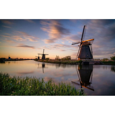 Europe-The Netherlands-Kinderdijk windmills at sunset Black Modern Wood Framed Art Print by Jaynes Gallery