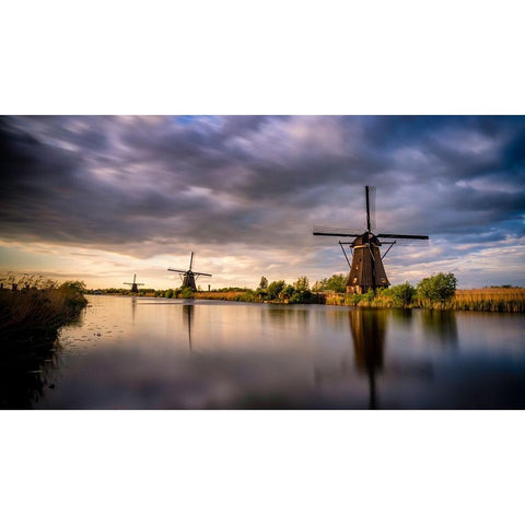 Europe-The Netherlands-Kinderdijk windmills at sunset Gold Ornate Wood Framed Art Print with Double Matting by Jaynes Gallery