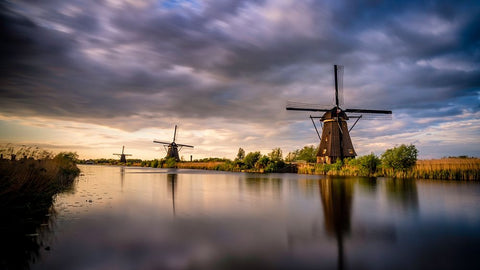 Europe-The Netherlands-Kinderdijk windmills at sunset White Modern Wood Framed Art Print with Double Matting by Jaynes Gallery