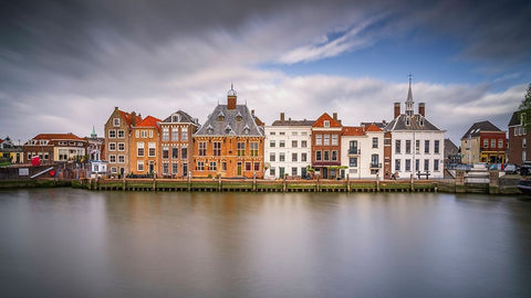 Europe-The Netherlands-Maassluis-Row of buildings on ocean pier White Modern Wood Framed Art Print with Double Matting by Jaynes Gallery