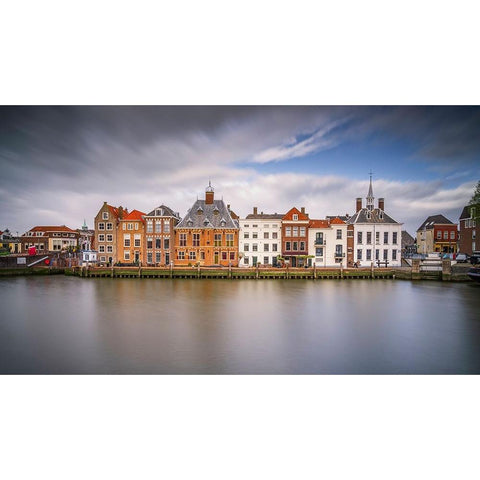 Europe-The Netherlands-Maassluis-Row of buildings on ocean pier Black Modern Wood Framed Art Print with Double Matting by Jaynes Gallery