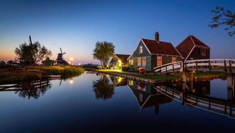 Europe-The Netherlands-Zaandam-Zaanse Schans at sunset Black Ornate Wood Framed Art Print with Double Matting by Jaynes Gallery