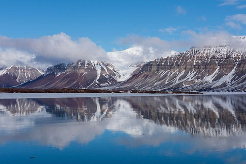 Norway-Svalbard-Spitsbergen-Fjord Arctic fjord reflections White Modern Wood Framed Art Print with Double Matting by Hopkins, Cindy Miller