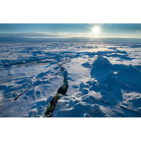 Norway Icescape at 84 degrees north-crack in ice with sunburst Black Modern Wood Framed Art Print by Hopkins, Cindy Miller