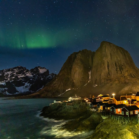 Norway- Lofoten Islands. Aurora Borealis In the sky above Hamnoy in Reine White Modern Wood Framed Art Print with Double Matting by Looney, Hollice