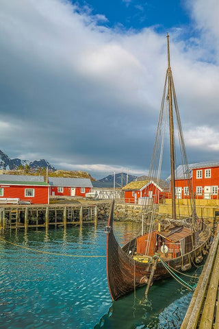 Norway- Lofoten Islands. Ballstadoy from across the lake Black Ornate Wood Framed Art Print with Double Matting by Looney, Hollice