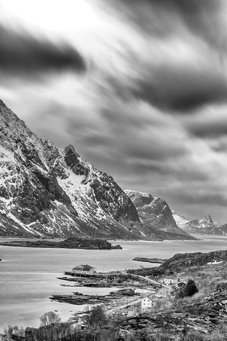 Norway- Lofoten Islands. Fjord at Mount Himmeltinden Black Ornate Wood Framed Art Print with Double Matting by Looney, Hollice
