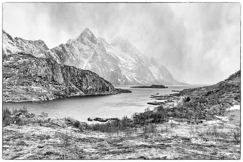 Norway- Lofoten Islands. Fjord at Mount Himmeltinden Black Ornate Wood Framed Art Print with Double Matting by Looney, Hollice