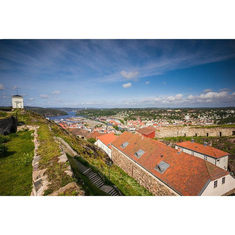 Norway-Ostfold County-Halden-town view from Fredriksten Fortress White Modern Wood Framed Art Print by Bibikow, Walter