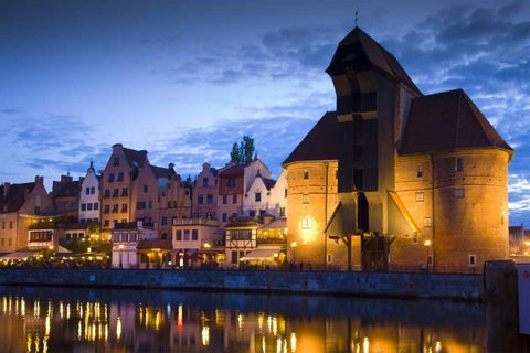 Poland, Gdansk Buildings reflect in port water White Modern Wood Framed Art Print with Double Matting by Zuckerman, Jim