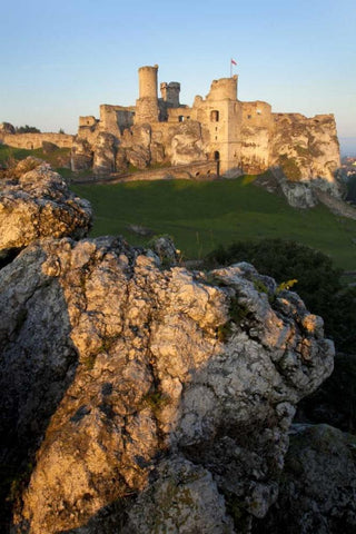Poland Distant view of Ogrodzieniec Castle Black Ornate Wood Framed Art Print with Double Matting by Zuckerman, Jim