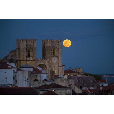 Portugal, Lisbon Lisbon Cathedral and full moon Black Modern Wood Framed Art Print with Double Matting by Zuckerman, Jim