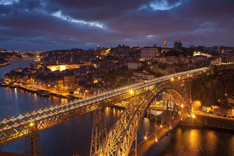 Portugal, Porto Dom Luis I Bridge lit at night Black Ornate Wood Framed Art Print with Double Matting by Zuckerman, Jim