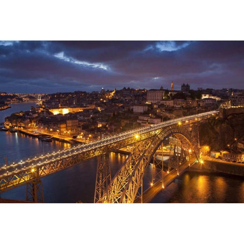 Portugal, Porto Dom Luis I Bridge lit at night Gold Ornate Wood Framed Art Print with Double Matting by Zuckerman, Jim