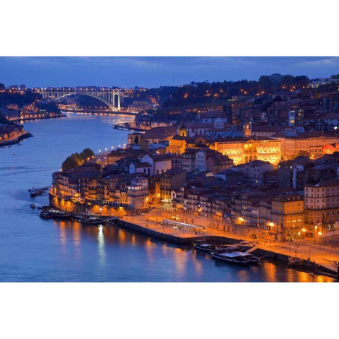 Portugal, Porto View of city and harbor at night Black Modern Wood Framed Art Print by Zuckerman, Jim