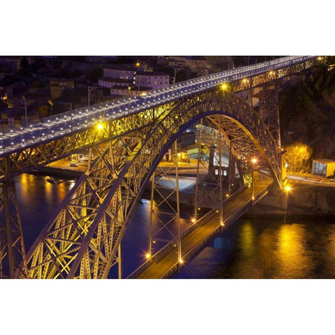 Portugal, Porto Dom Luis I Bridge lit at night White Modern Wood Framed Art Print by Zuckerman, Jim