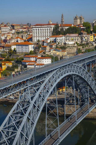 Portugal, Porto Dom Luis I Bridge and cityscape White Modern Wood Framed Art Print with Double Matting by Zuckerman, Jim