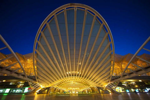 Portugal, Lisbon Oriente Train Station at night Black Ornate Wood Framed Art Print with Double Matting by Zuckerman, Jim