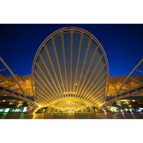 Portugal, Lisbon Oriente Train Station at night Gold Ornate Wood Framed Art Print with Double Matting by Zuckerman, Jim