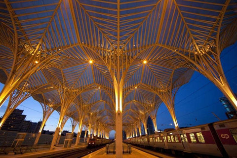 Portugal, Lisbon Oriente Train Station at night Black Ornate Wood Framed Art Print with Double Matting by Zuckerman, Jim