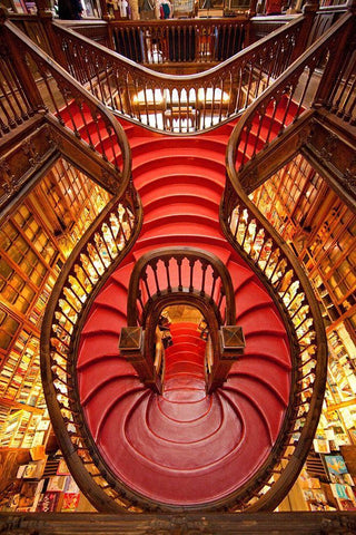 Portugal-Porto Ornate staircase in the Lello Bookstore Black Ornate Wood Framed Art Print with Double Matting by Jaynes Gallery