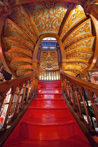 Portugal-Porto Ornate staircase in the Lello Bookstore Black Ornate Wood Framed Art Print with Double Matting by Jaynes Gallery